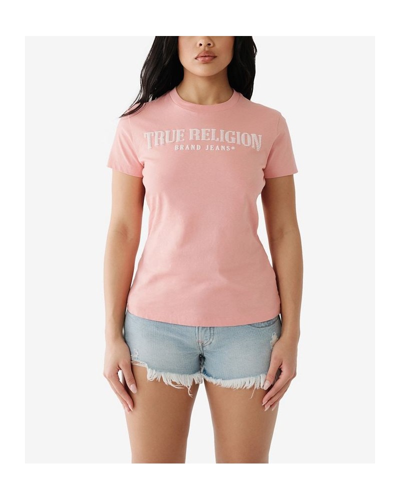 Women's Short Sleeve Arched Logo Crew T-shirt Pink $21.34 Tops