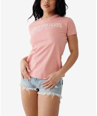 Women's Short Sleeve Arched Logo Crew T-shirt Pink $21.34 Tops