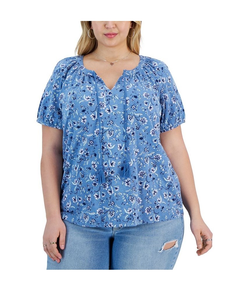 Plus Size Floral Print Split-Neck Top Blue $18.59 Tops