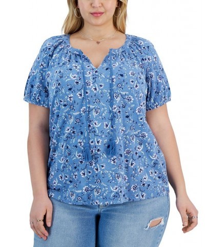 Plus Size Floral Print Split-Neck Top Blue $18.59 Tops