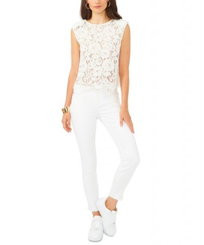 Women's Sleeveless Lace Shoulder Pad Blouse White $21.86 Tops