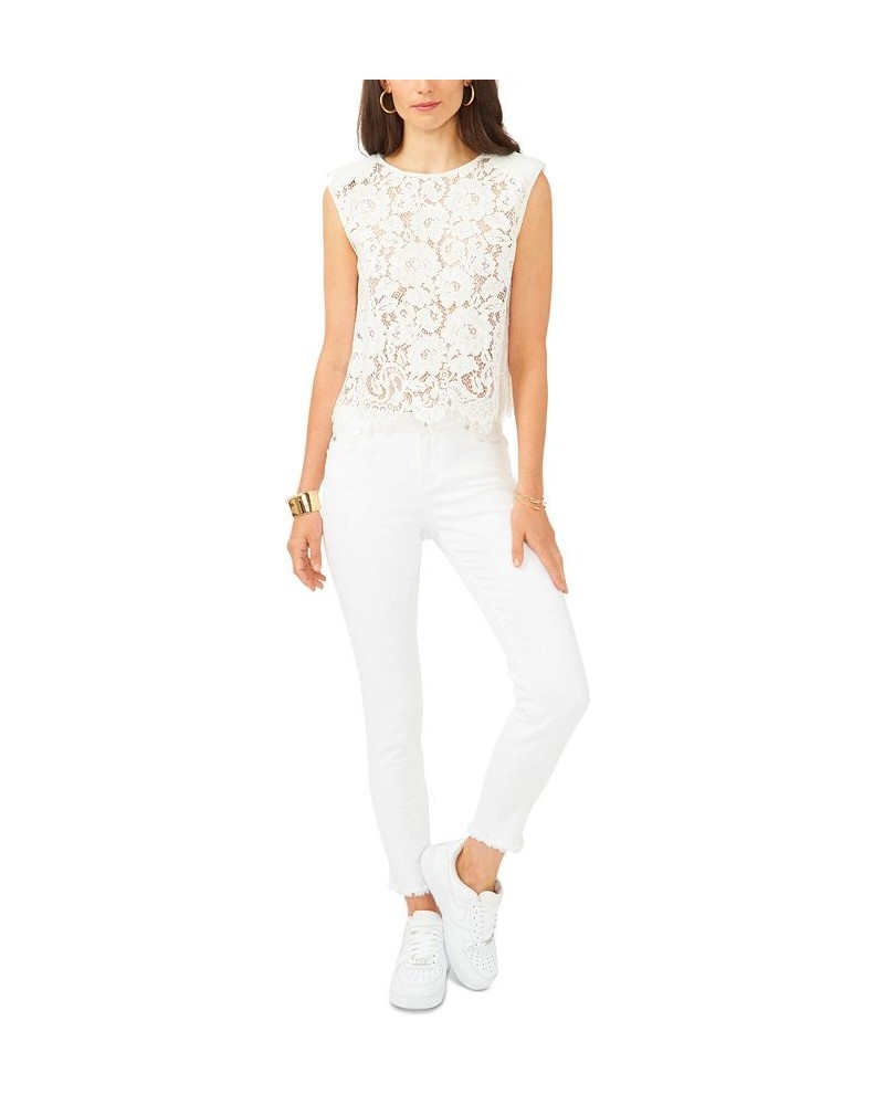 Women's Sleeveless Lace Shoulder Pad Blouse White $21.86 Tops