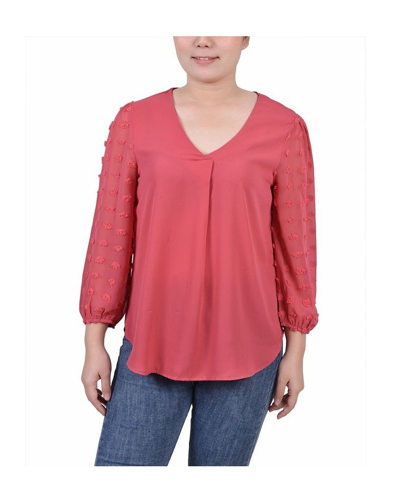 Petite V-neck Blouse with 3/4 Jacquard Chiffon Sleeves Red $16.96 Tops