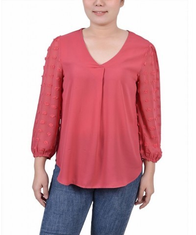 Petite V-neck Blouse with 3/4 Jacquard Chiffon Sleeves Red $16.96 Tops