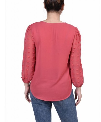 Petite V-neck Blouse with 3/4 Jacquard Chiffon Sleeves Red $16.96 Tops