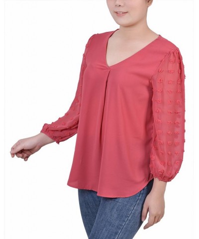 Petite V-neck Blouse with 3/4 Jacquard Chiffon Sleeves Red $16.96 Tops