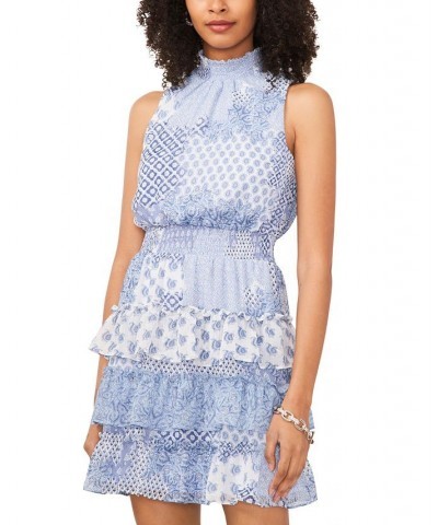 Petite Mock Neck Printed Tiered Sleeveless Fit & Flare Dress Cream/Aqua $43.61 Dresses