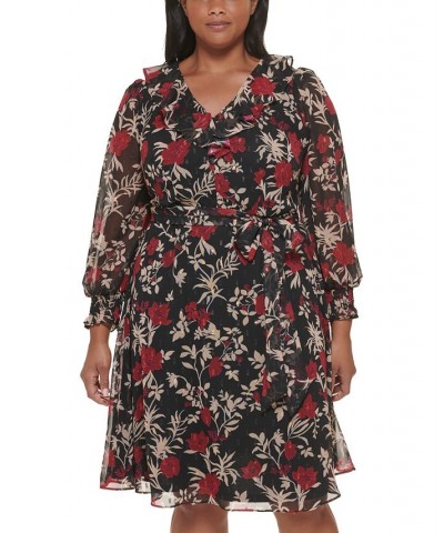 Plus Size Floral-Print Ruffled Midi Dress Black Red $31.29 Dresses