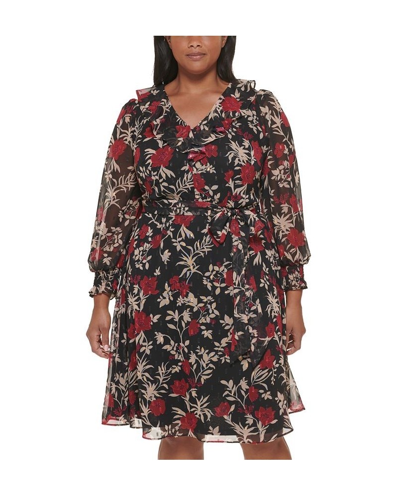 Plus Size Floral-Print Ruffled Midi Dress Black Red $31.29 Dresses