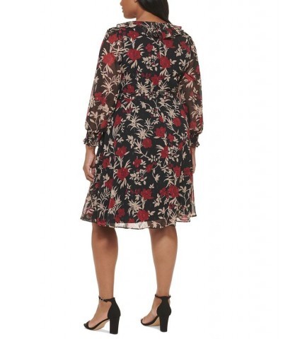 Plus Size Floral-Print Ruffled Midi Dress Black Red $31.29 Dresses