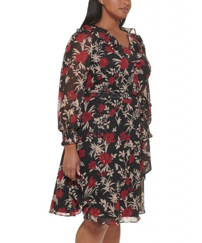 Plus Size Floral-Print Ruffled Midi Dress Black Red $31.29 Dresses