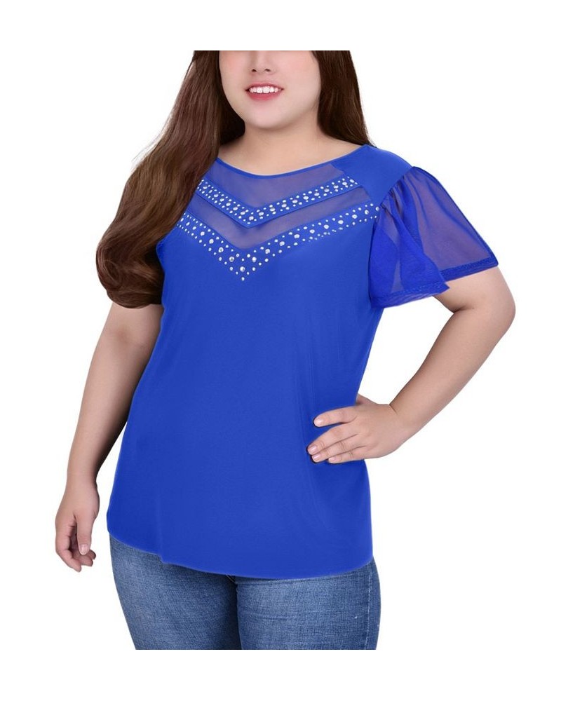 Plus Size Studded Short Flutter Sleeve Top with Mesh Details Surf The Web $12.97 Tops