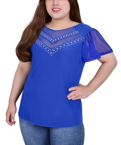 Plus Size Studded Short Flutter Sleeve Top with Mesh Details Surf The Web $12.97 Tops