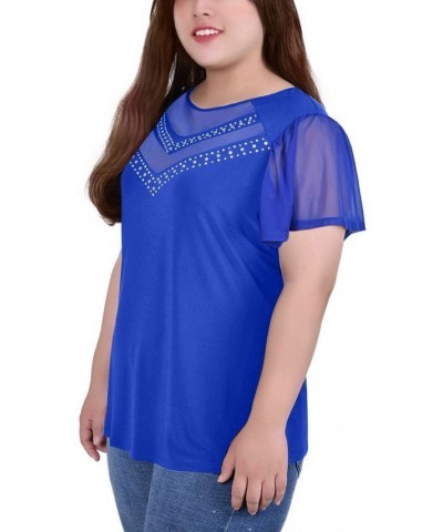 Plus Size Studded Short Flutter Sleeve Top with Mesh Details Surf The Web $12.97 Tops