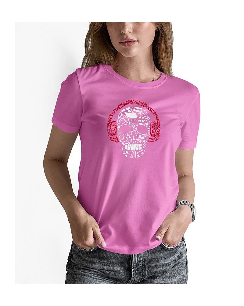 Women's Music Notes Skull Word Art T-shirt Pink $14.35 Tops