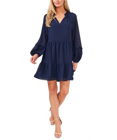 Women's Long Sleeve V-Neck Ruffled Clip-Dot Dress Classic Navy $38.15 Dresses