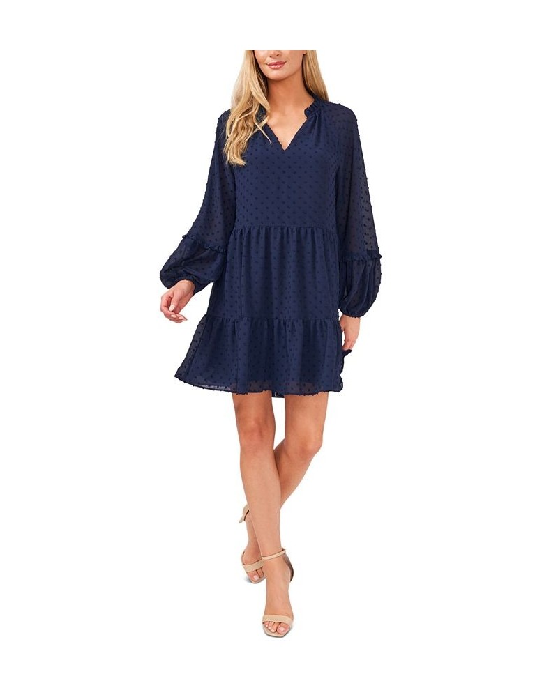 Women's Long Sleeve V-Neck Ruffled Clip-Dot Dress Classic Navy $38.15 Dresses