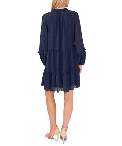 Women's Long Sleeve V-Neck Ruffled Clip-Dot Dress Classic Navy $38.15 Dresses