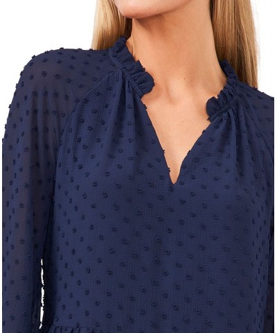 Women's Long Sleeve V-Neck Ruffled Clip-Dot Dress Classic Navy $38.15 Dresses