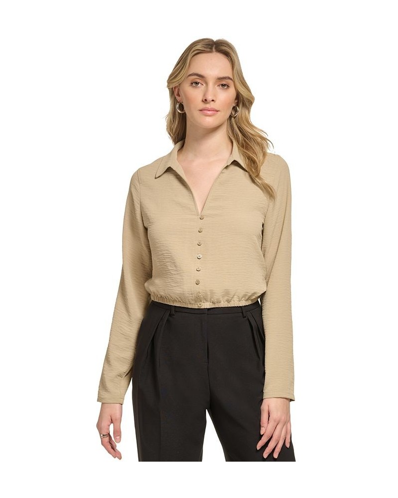 X-Fit Cropped Elastic Waist Collared Shirt Tan/Beige $14.40 Tops