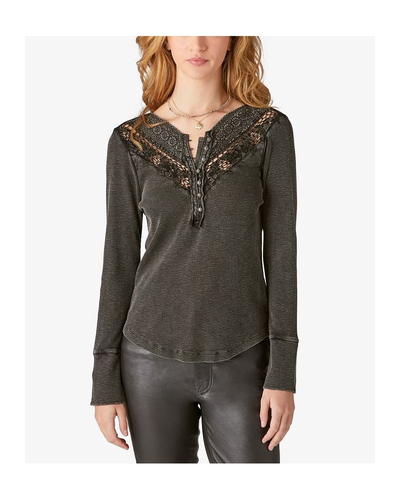 Lace Mix Trim Henley Top Asphalt $17.89 Tops