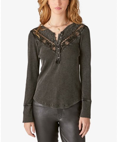 Lace Mix Trim Henley Top Asphalt $17.89 Tops