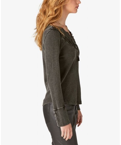 Lace Mix Trim Henley Top Asphalt $17.89 Tops