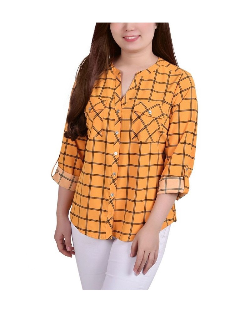 Women's 3/4 Roll Tab Sleeve Mandarin Collar Blouse Golden Glow, Black Roomtile $13.44 Tops