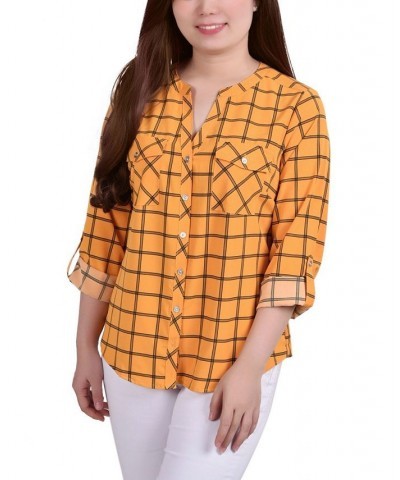 Women's 3/4 Roll Tab Sleeve Mandarin Collar Blouse Golden Glow, Black Roomtile $13.44 Tops