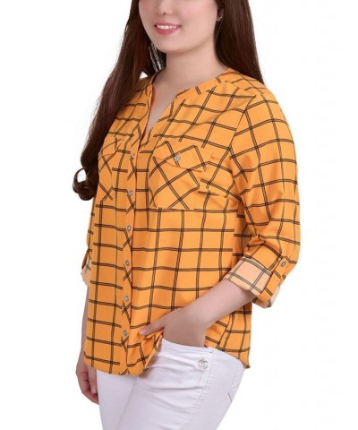 Women's 3/4 Roll Tab Sleeve Mandarin Collar Blouse Golden Glow, Black Roomtile $13.44 Tops