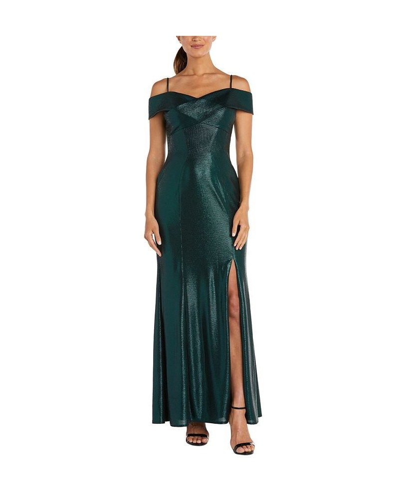 Petite Off-The-Shoulder Metallic Gown Black/emerald $56.99 Dresses