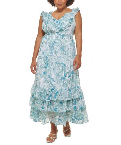 Plus Size Chiffon Ruffle V-Neck Tiered Maxi Dress Jadeite Multi $35.60 Dresses