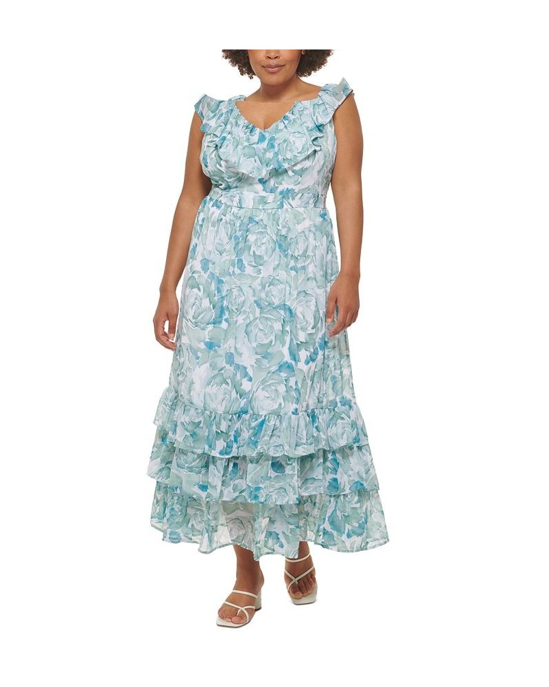 Plus Size Chiffon Ruffle V-Neck Tiered Maxi Dress Jadeite Multi $35.60 Dresses