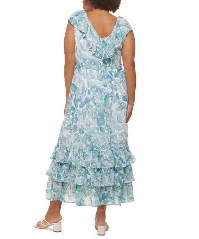 Plus Size Chiffon Ruffle V-Neck Tiered Maxi Dress Jadeite Multi $35.60 Dresses