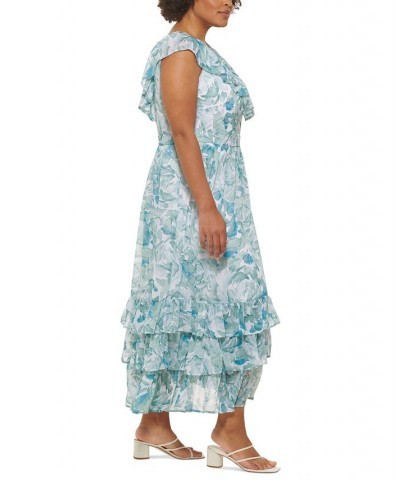 Plus Size Chiffon Ruffle V-Neck Tiered Maxi Dress Jadeite Multi $35.60 Dresses