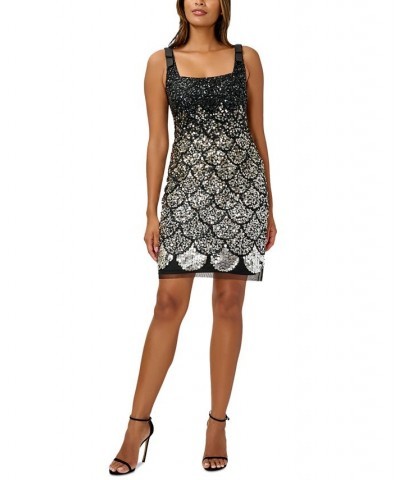 Women's Sequined Beaded Sheath Dress Black Silver $98.26 Dresses