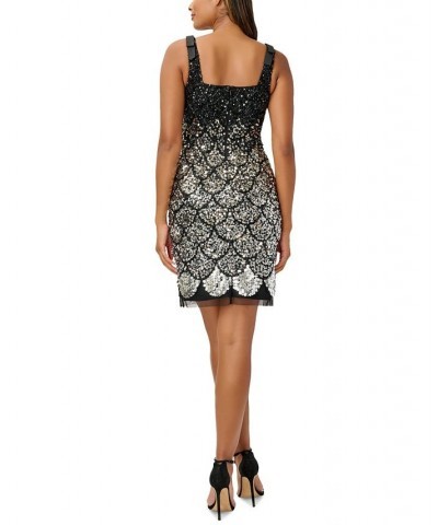 Women's Sequined Beaded Sheath Dress Black Silver $98.26 Dresses