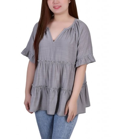 Petite Size Short Sleeve Tiered Blouse Gray $15.68 Tops