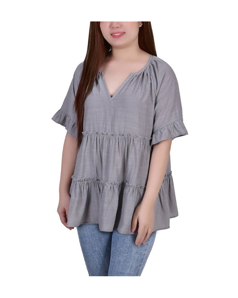 Petite Size Short Sleeve Tiered Blouse Gray $15.68 Tops