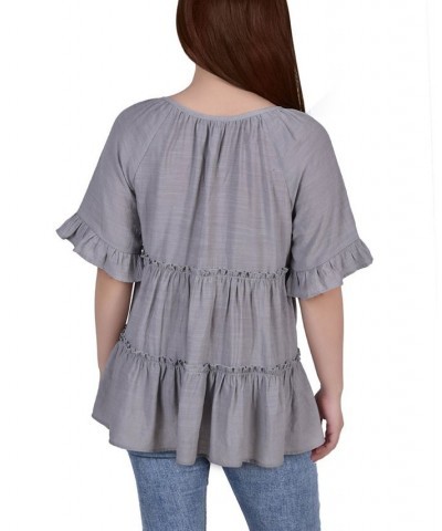 Petite Size Short Sleeve Tiered Blouse Gray $15.68 Tops