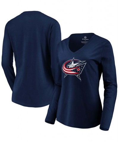 Women's Navy Columbus Blue Jackets Primary Logo Long Sleeve V-Neck T-shirt Navy $21.83 Tops