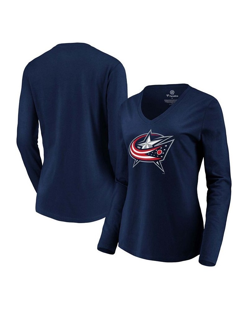 Women's Navy Columbus Blue Jackets Primary Logo Long Sleeve V-Neck T-shirt Navy $21.83 Tops