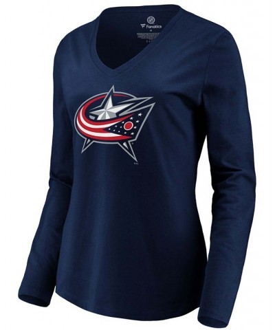 Women's Navy Columbus Blue Jackets Primary Logo Long Sleeve V-Neck T-shirt Navy $21.83 Tops