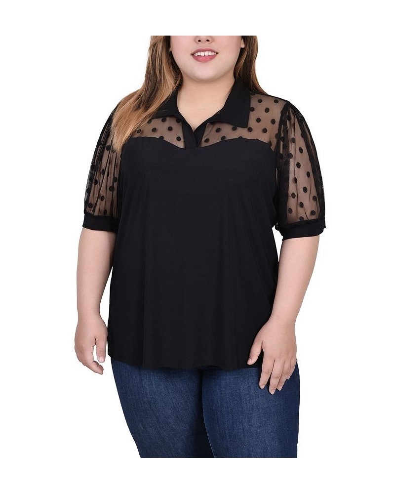 Plus Size Short Sleeve Top with Dotted Mesh Black $14.48 Tops