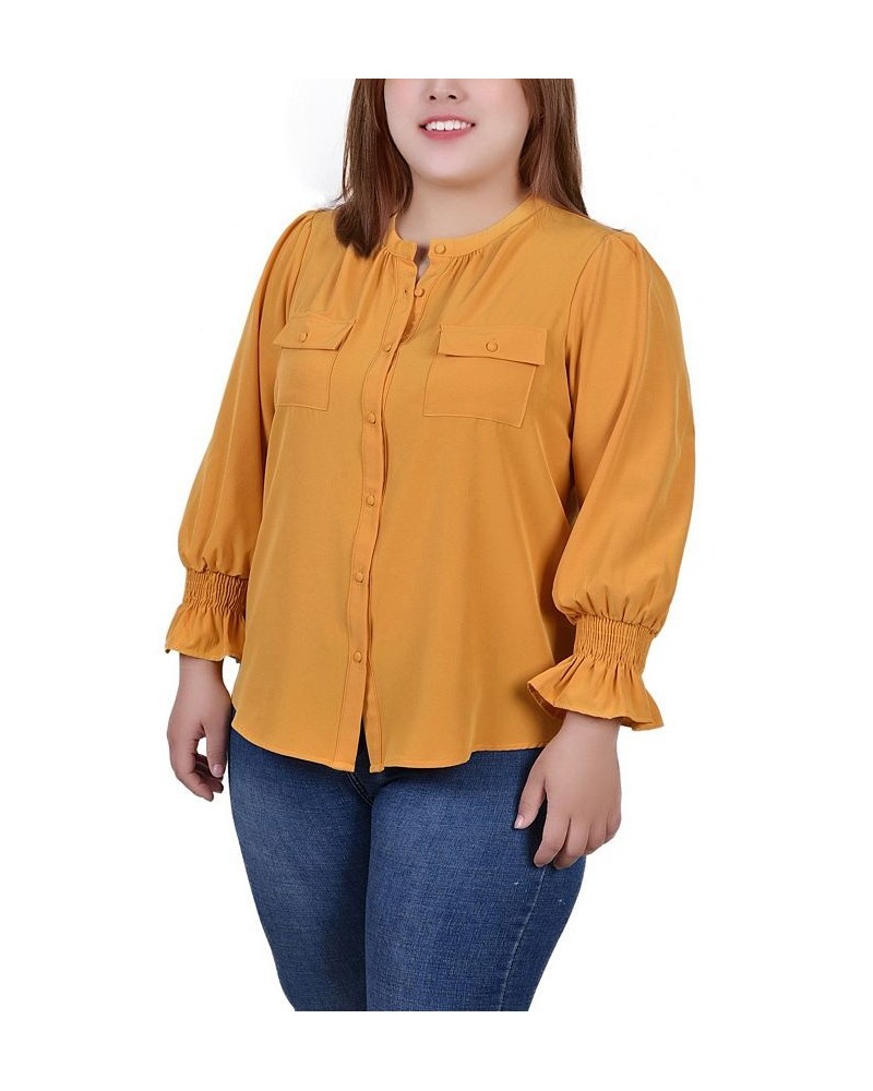 Plus Size Long Sleeve Y Neck Blouse Gold $12.78 Tops