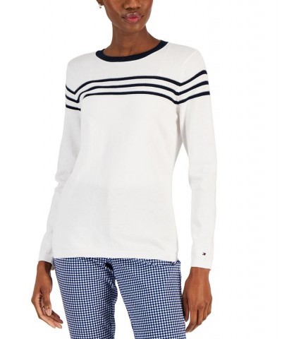 Women's Cotton Textured Stripe Sweater Bright White/ Sky Captain $21.20 Sweaters