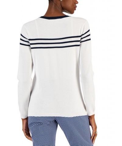 Women's Cotton Textured Stripe Sweater Bright White/ Sky Captain $21.20 Sweaters