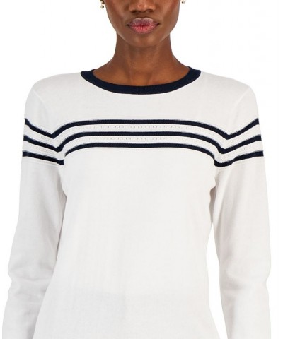 Women's Cotton Textured Stripe Sweater Bright White/ Sky Captain $21.20 Sweaters