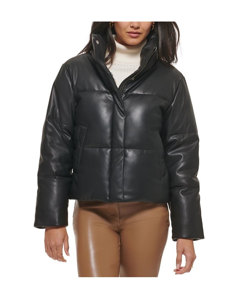 Women's Cropped Faux-Leather Puffer Coat Black $45.44 Jackets