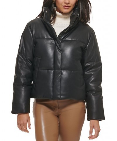 Women's Cropped Faux-Leather Puffer Coat Black $45.44 Jackets